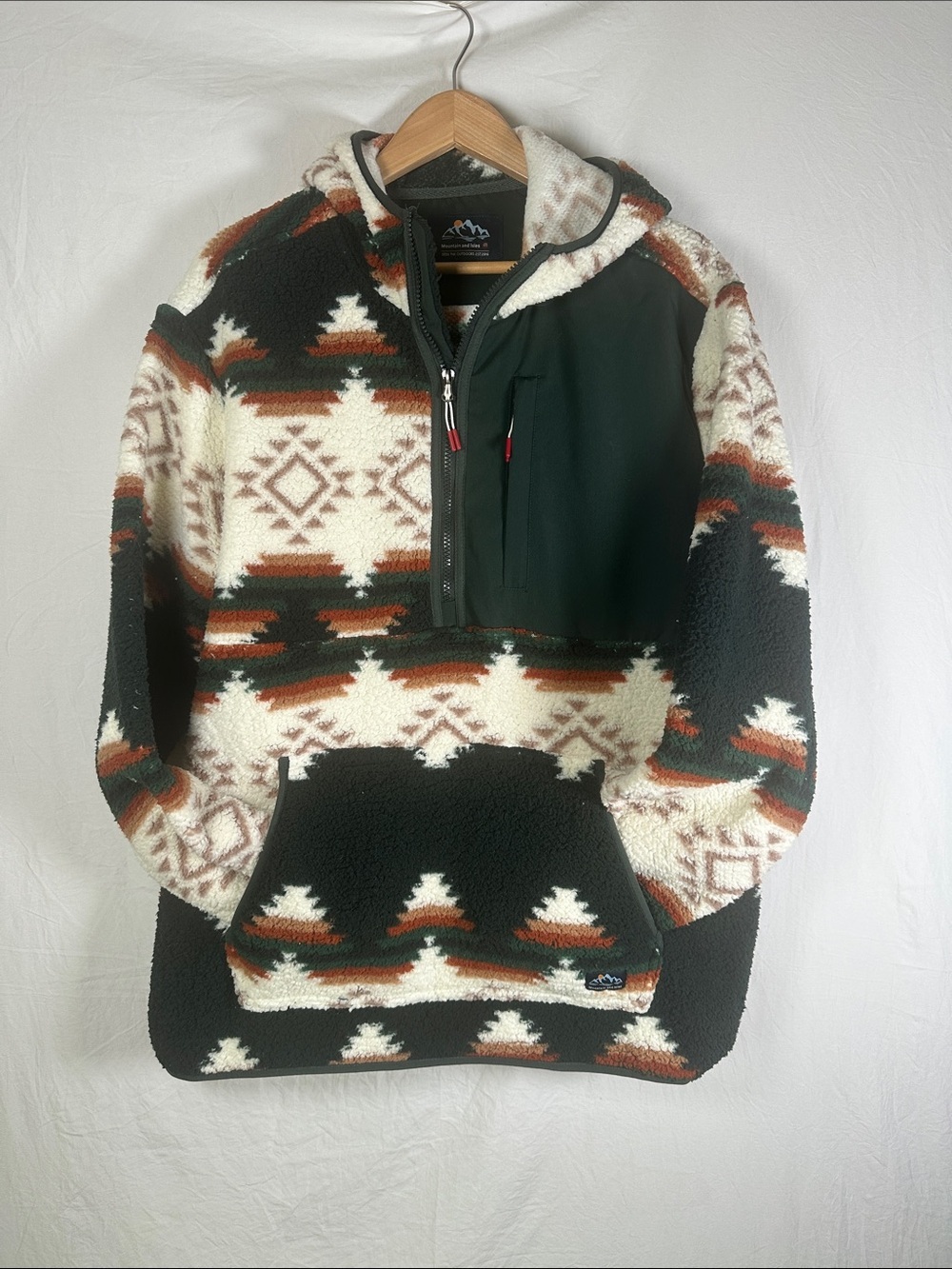 Cozy Aztec Sherpa Pullover Hoodie - Green & Cream - Picture 1 of 3